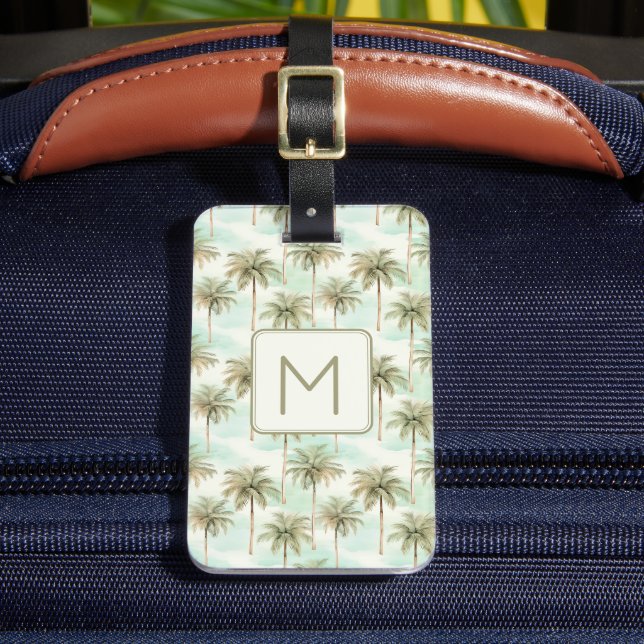 Aqua and Cream Tropical Palm Tree Monogram Luggage Tag (Front Insitu 2)