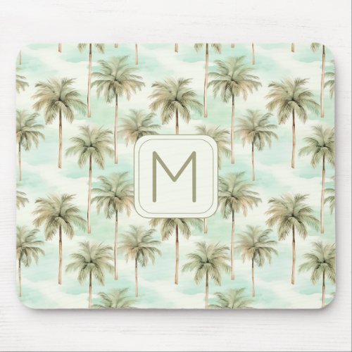 Aqua and Cream Tropical Palm Tree Monogram Mouse Pad