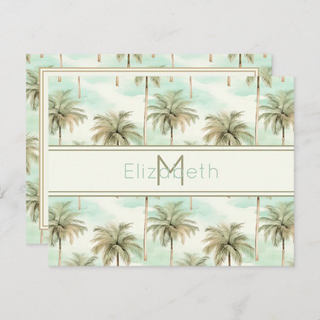 Aqua and Cream Tropical Palm Tree Monogram Note Card (Front/Back)