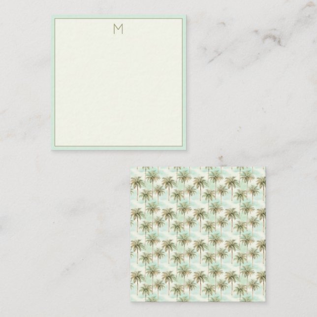 Aqua and Cream Tropical Palm Tree Monogram Note Card (Front/Back)