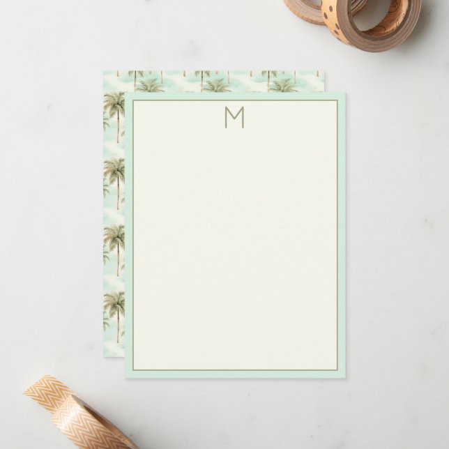 Aqua and Cream Tropical Palm Tree Monogram Note Card (Front/Back In Situ)