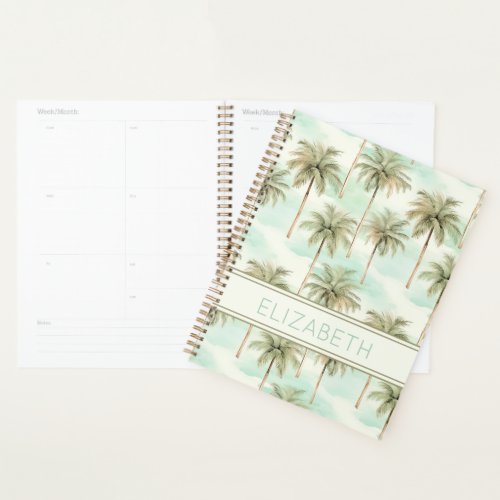 Aqua and Cream Tropical Palm Tree Monogram Planner