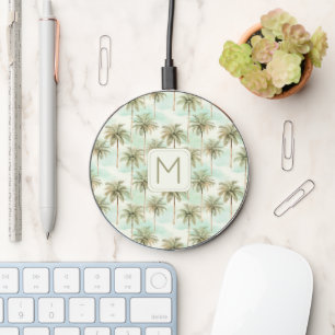 Aqua and Cream Tropical Palm Tree Monogram Wireless Charger