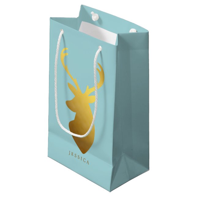 Aqua and Faux Gold Foil Deer Head Small Gift Bag (Front Angled)