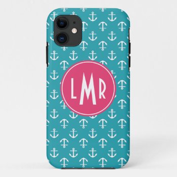 Aqua And Fuchsia Monogram Anchors Pattern Iphone 11 Case by heartlockedcases at Zazzle