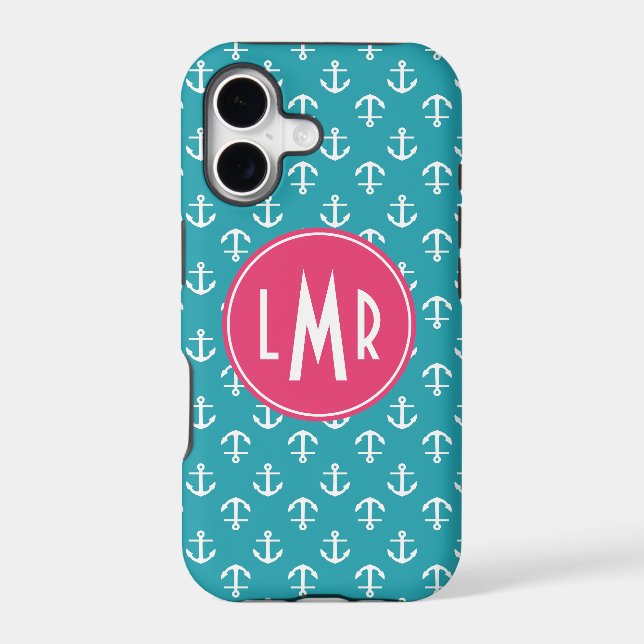 Aqua and Fuchsia Monogram Anchors Pattern Case-Mate iPhone Case (Back)