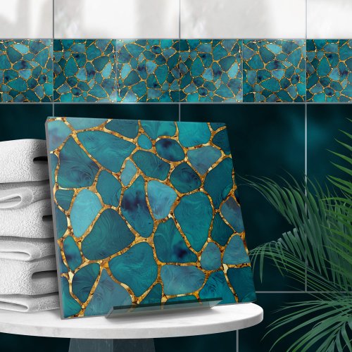 Aqua and Gold abstract pebble cells N1 Ceramic Tile