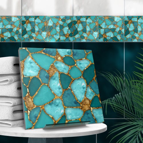 Aqua and Gold abstract pebble cells N2 Ceramic Tile