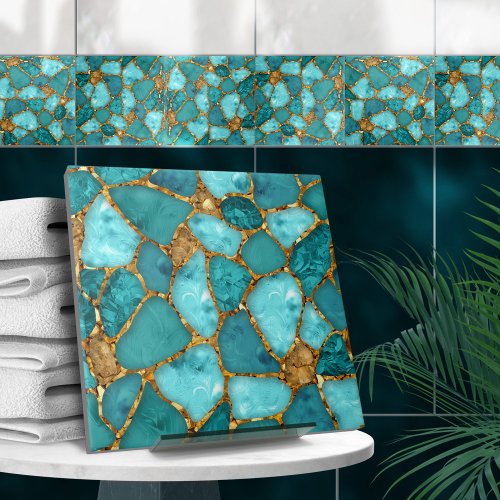 Aqua and Gold abstract pebble cells N3 Ceramic Tile