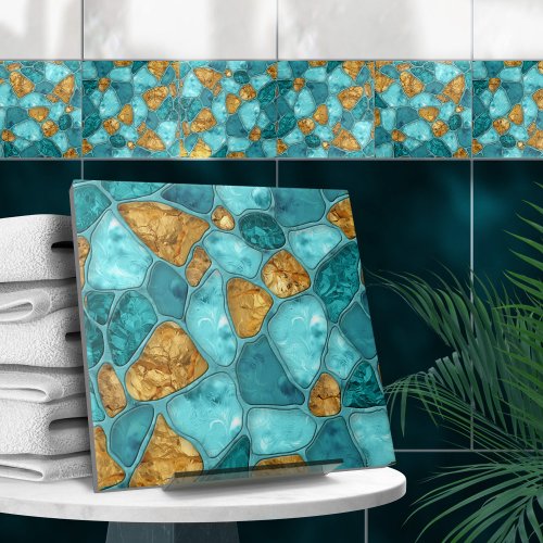 Aqua and Gold abstract pebble cells N4 Ceramic Tile