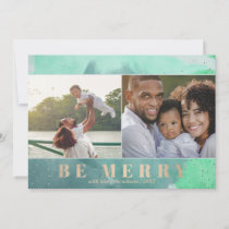 Aqua and Gold Be Merry Abstract Multiple Photo Holiday Card