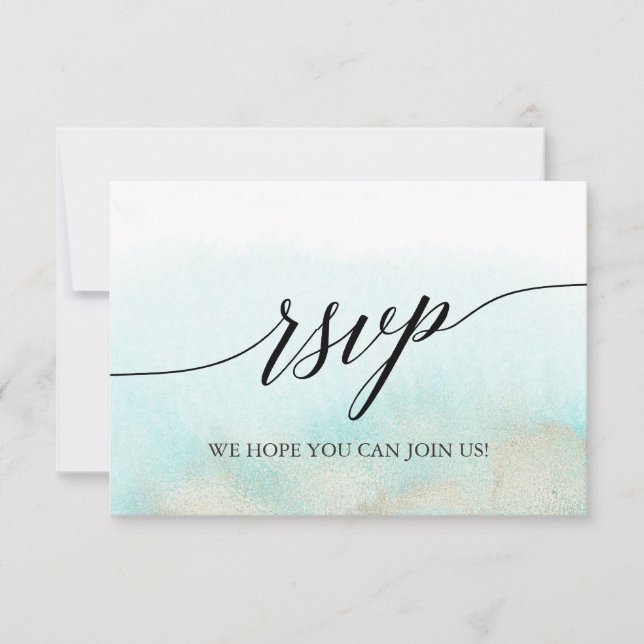 Aqua and Gold Beach Menu Choice RSVP Card (Front)
