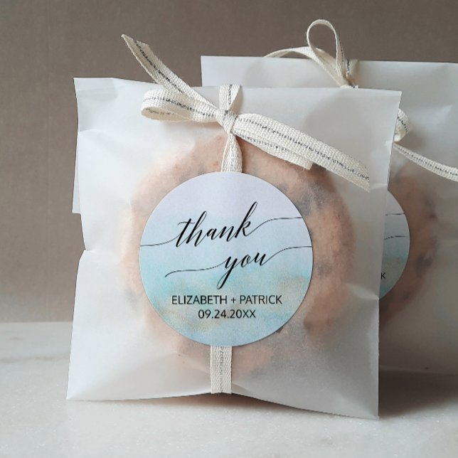 Aqua and Gold Beach Thank You Wedding Favor Classic Round Sticker (Creator Uploaded)