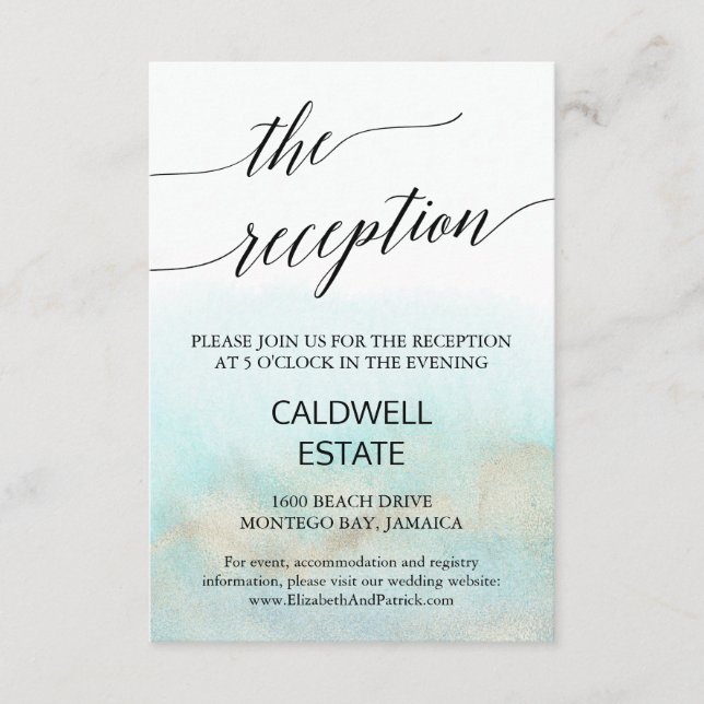 Aqua and Gold Beach Wedding Reception Card (Front)