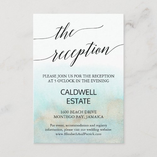 Aqua and Gold Beach Wedding Reception Card