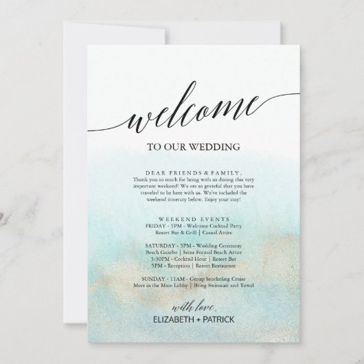 Aqua and Gold Beach Welcome Letter Itinerary & Map (Front)