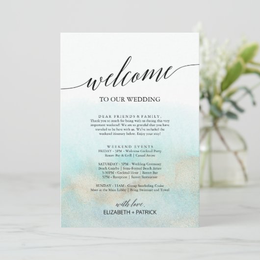 Aqua and Gold Beach Welcome Letter Itinerary & Map (Standing Front)