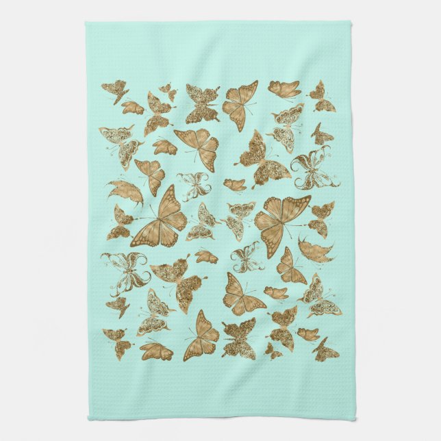 Aqua and Gold Butterfly Kitchen Towel (Vertical)