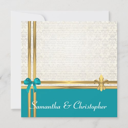 Aqua &amp; gold ribbon with damask custom announcements
