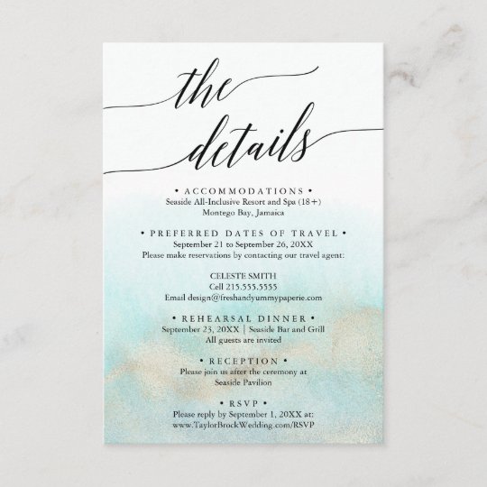 Aqua And Gold Destination Wedding Travel Details Enclosure Card