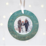 Aqua and Gold Fairy Lights | Two Family Photos Ornament<br><div class="desc">This modern Christmas ornament features a rich,  aqua background with elegant faux gold fairy lights,  and two of your favorite personal photos. Add your family name in gold colored text.</div>