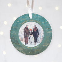 Aqua and Gold Fairy Lights | Two Family Photos Ornament