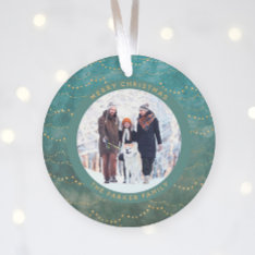 Aqua And Gold Fairy Lights | Two Family Photos Ornament at Zazzle