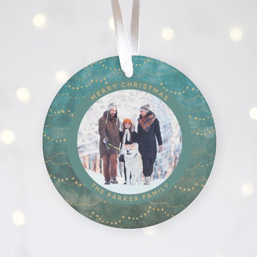 Aqua and Gold Fairy Lights  Two Family Photos Ornament