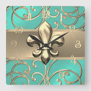 Aqua and Gold Filigree Swirls Fleur de Lis Square Wall Clock