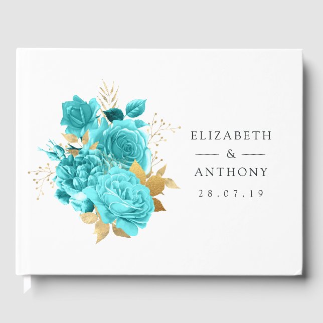 Aqua and Gold Floral Wedding Guest Book (Front)