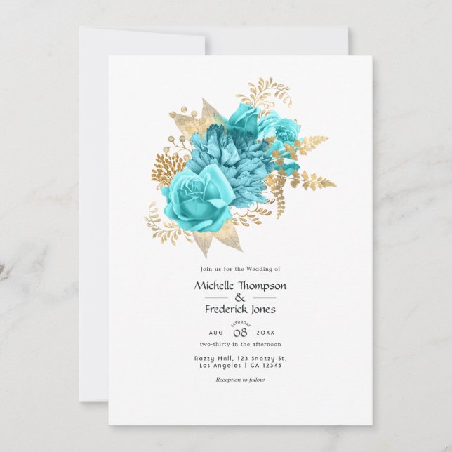 Aqua and Gold Floral Wedding Invitation (Front)