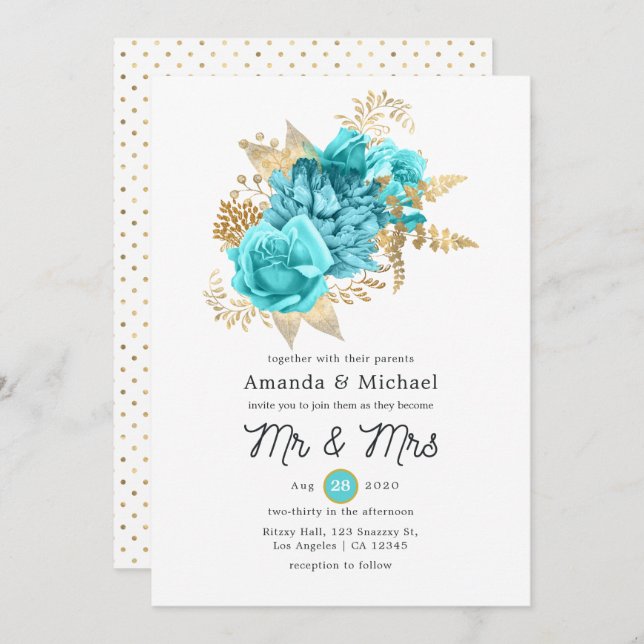 Aqua and Gold Floral Wedding Invitation (Front/Back)