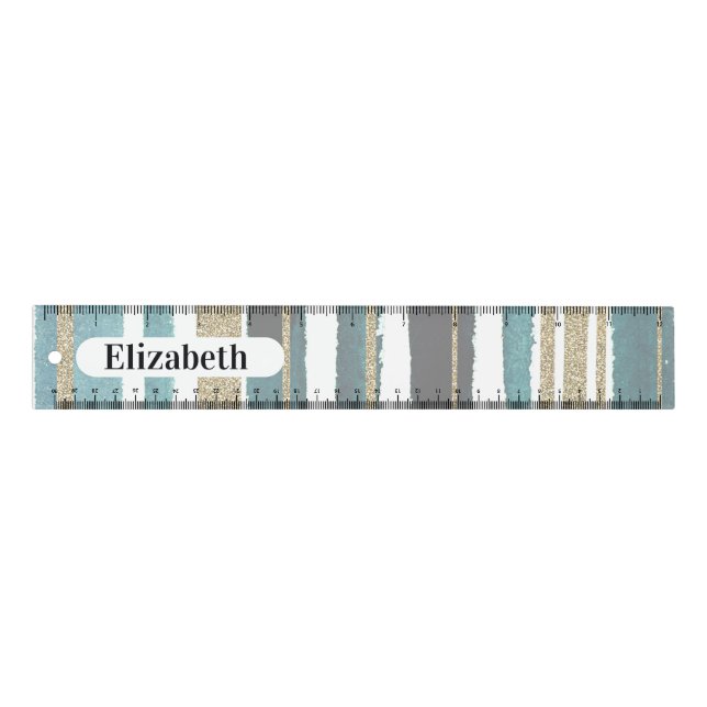 Aqua and gold glitter stripes personalized ruler (Front)