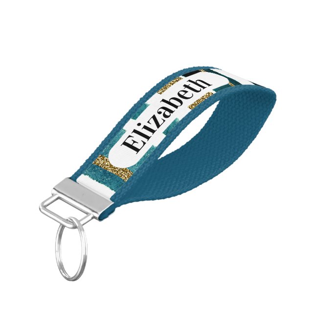 Aqua and gold glitter stripes personalized wrist keychain (Angled Down)