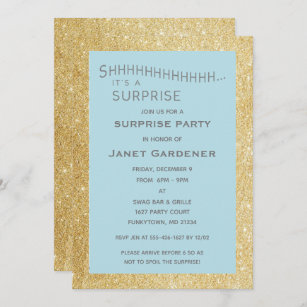 Aqua and Gold Glitter Surprise Party Birthday Invitation