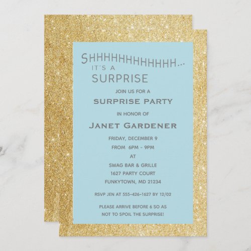 Aqua and Gold Glitter Surprise Party Birthday Invitation