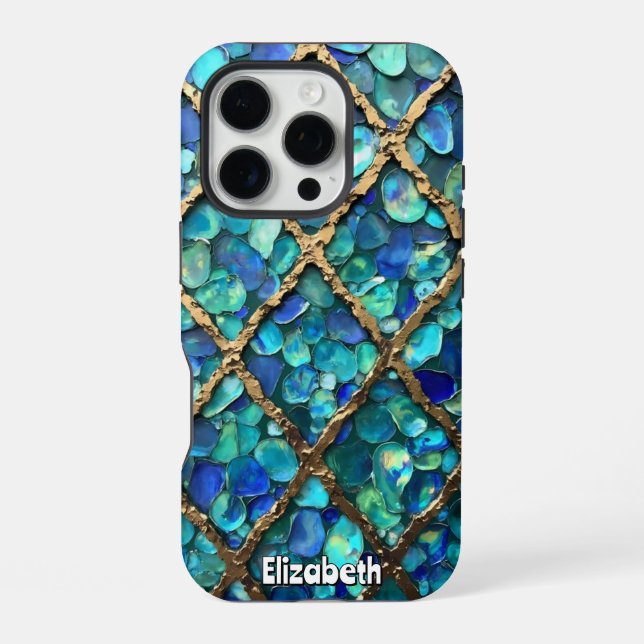 Aqua and Gold Grid Texture Iphone Case (Back)