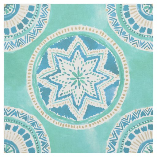 Aqua and Gold MIGHTY MEDALLION Mandala Fabric