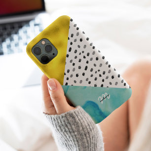 Aqua and Gold Mixed Media Monogrammed iPhone 15 Plus Case