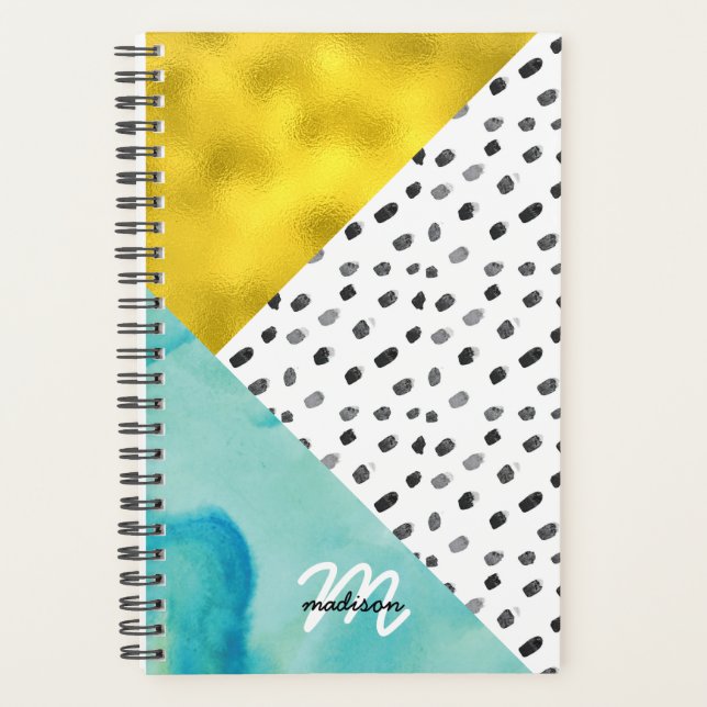 Aqua and Gold Mixed Media Monogrammed Planner (Front)