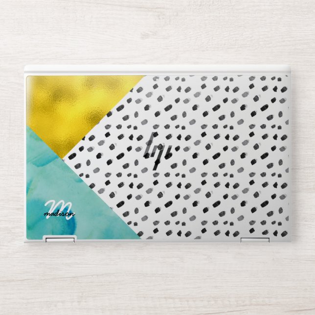 Aqua and Gold Mixed Media Personalized HP Laptop Skin (Front)