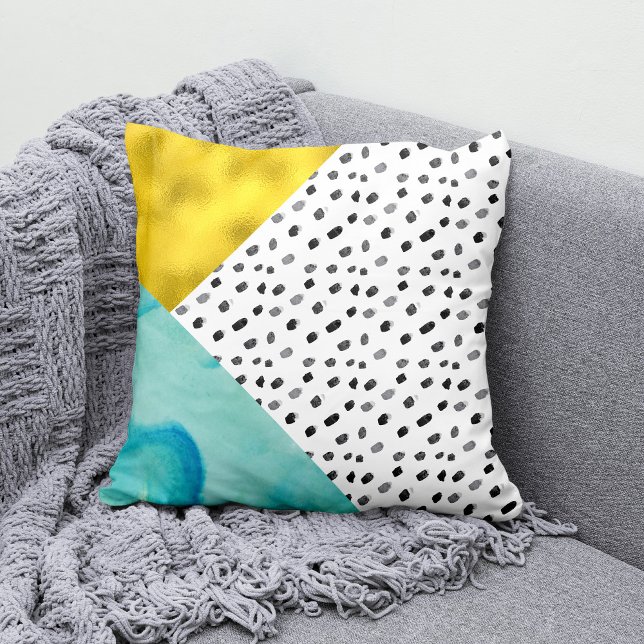 Aqua and Gold Mixed Media Throw Pillow (Creator Uploaded)