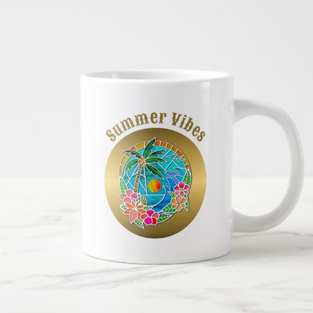 Aqua and Gold Ocean Palm Tree Summer Landscape Giant Coffee Mug (Right)