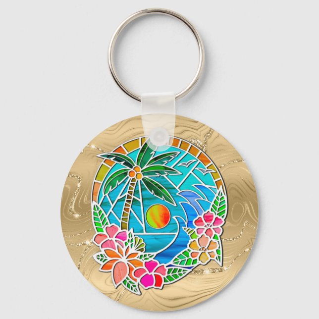 Aqua and Gold Ocean Palm Tree Summer Landscape Keychain (Front)