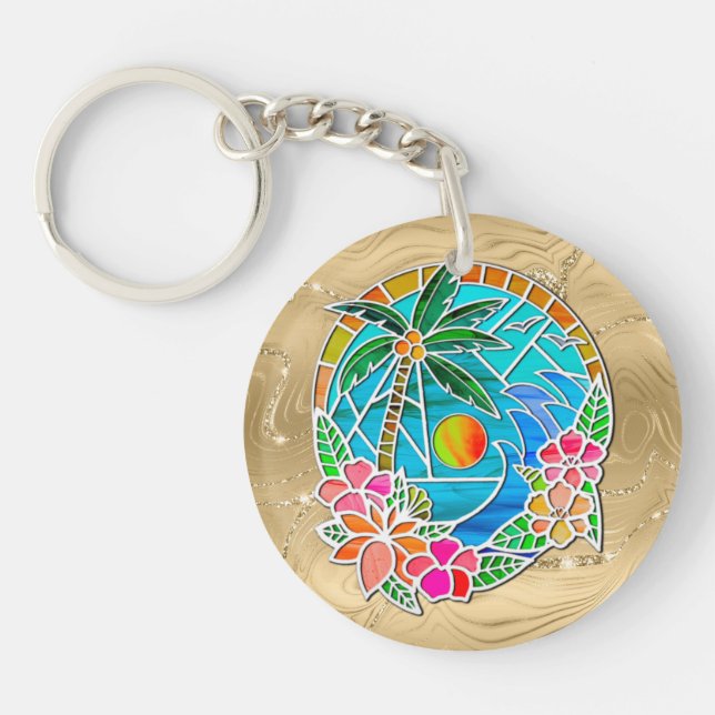 Aqua and Gold Ocean Palm Tree Summer Landscape Keychain (Front)