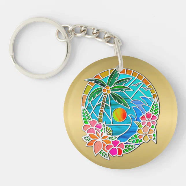 Aqua and Gold Ocean Palm Tree Summer Landscape Keychain | Zazzle