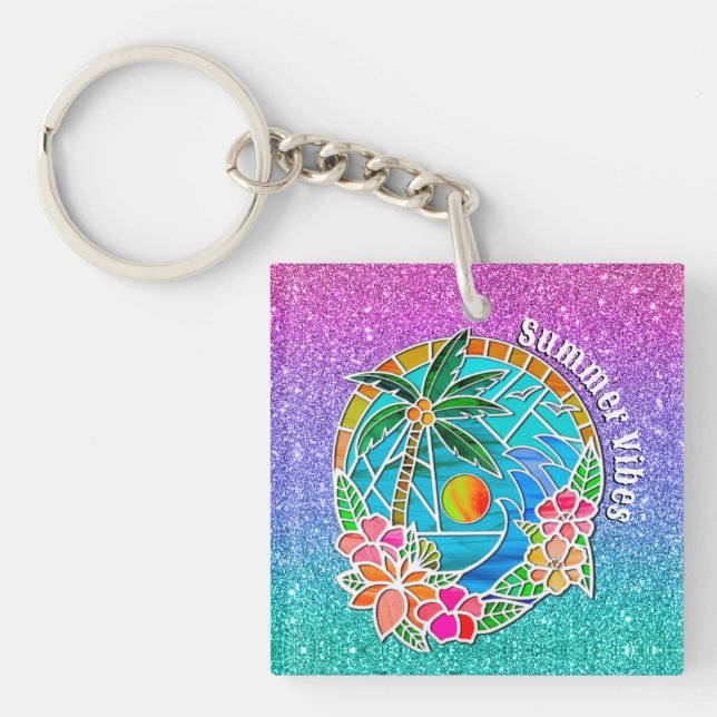 Aqua and Gold Ocean Palm Tree Summer Landscape Keychain (Front)