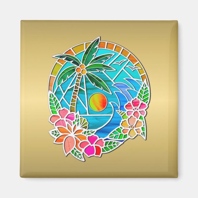 Aqua and Gold Ocean Palm Tree Summer Landscape Magnet (Front)