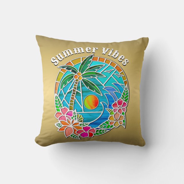Aqua and Gold Ocean Palm Tree Summer Landscape Throw Pillow (Front)