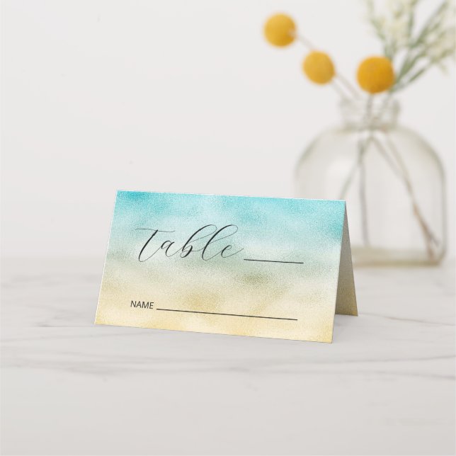Aqua and Gold Ombre Foil Place Card (Front)